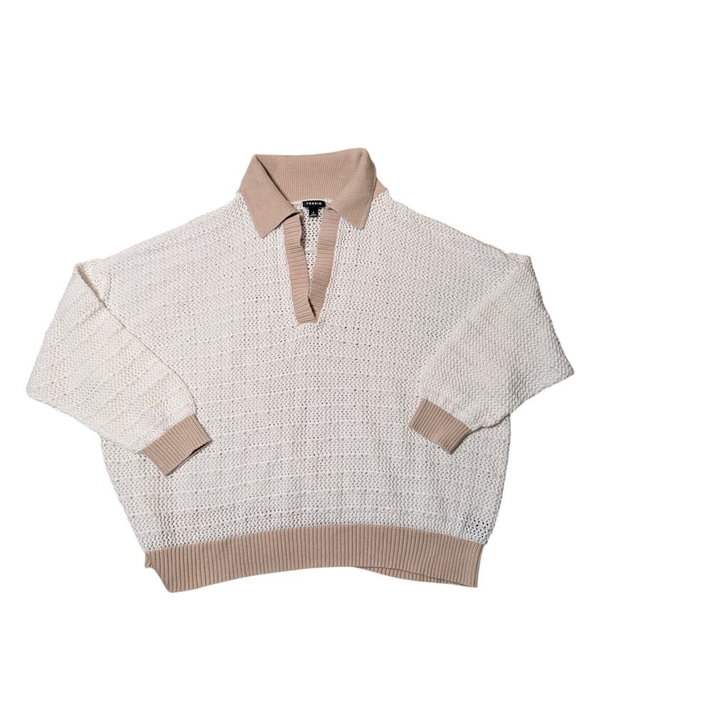 Torrid Women's Plus Size 4 White Beige Open Crochet Polo Collar Sweater Cotton